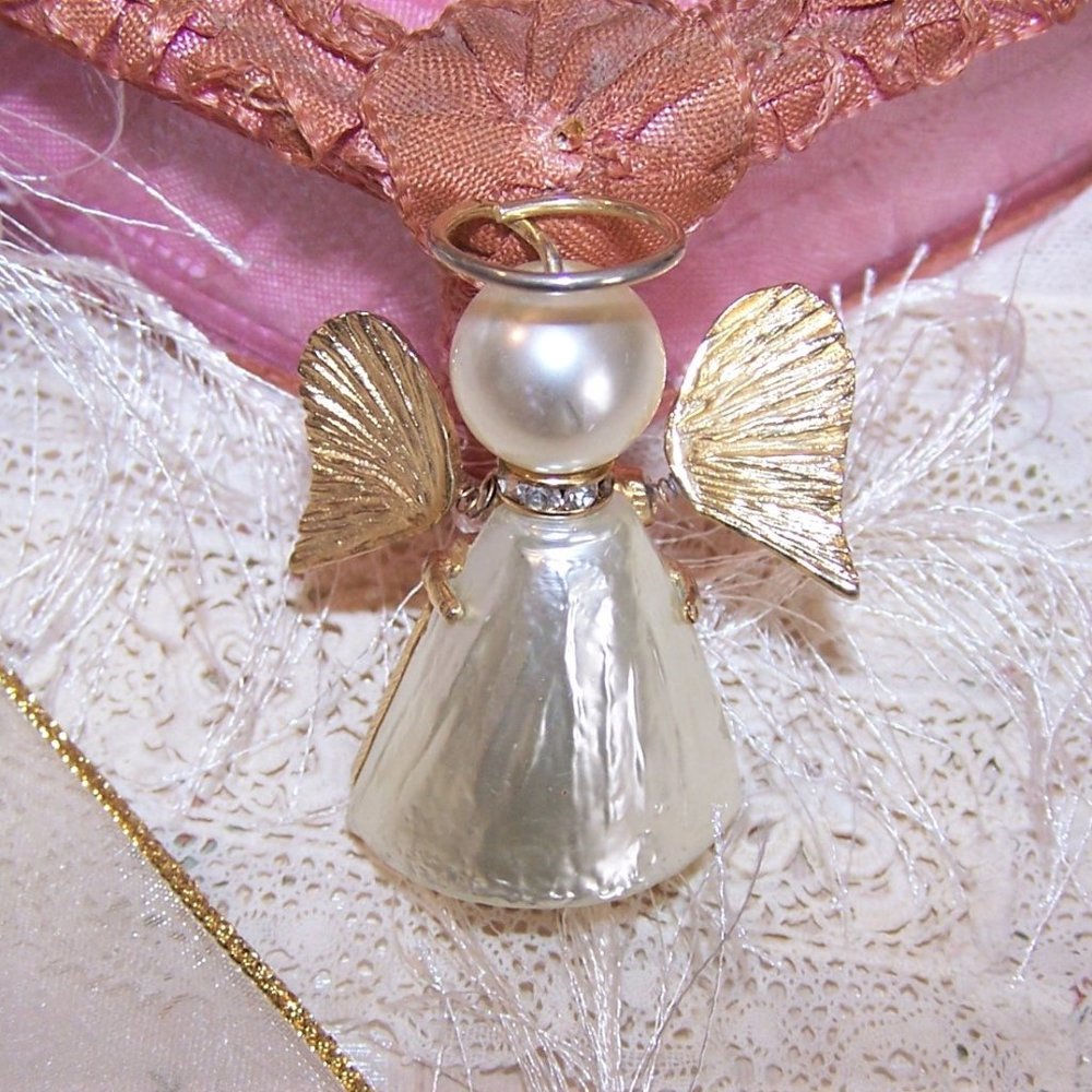 Yellow Gold Metal Faux Pearl Rhinestone Trembler Pin Brooch - Angel with Halo